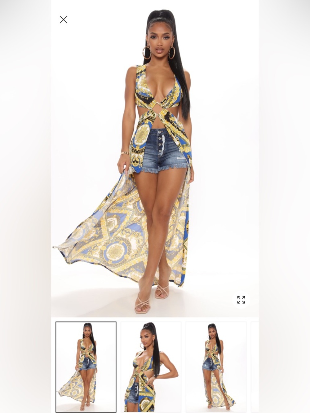 Blue & Gold Printed Cross-Front Maxi Duster